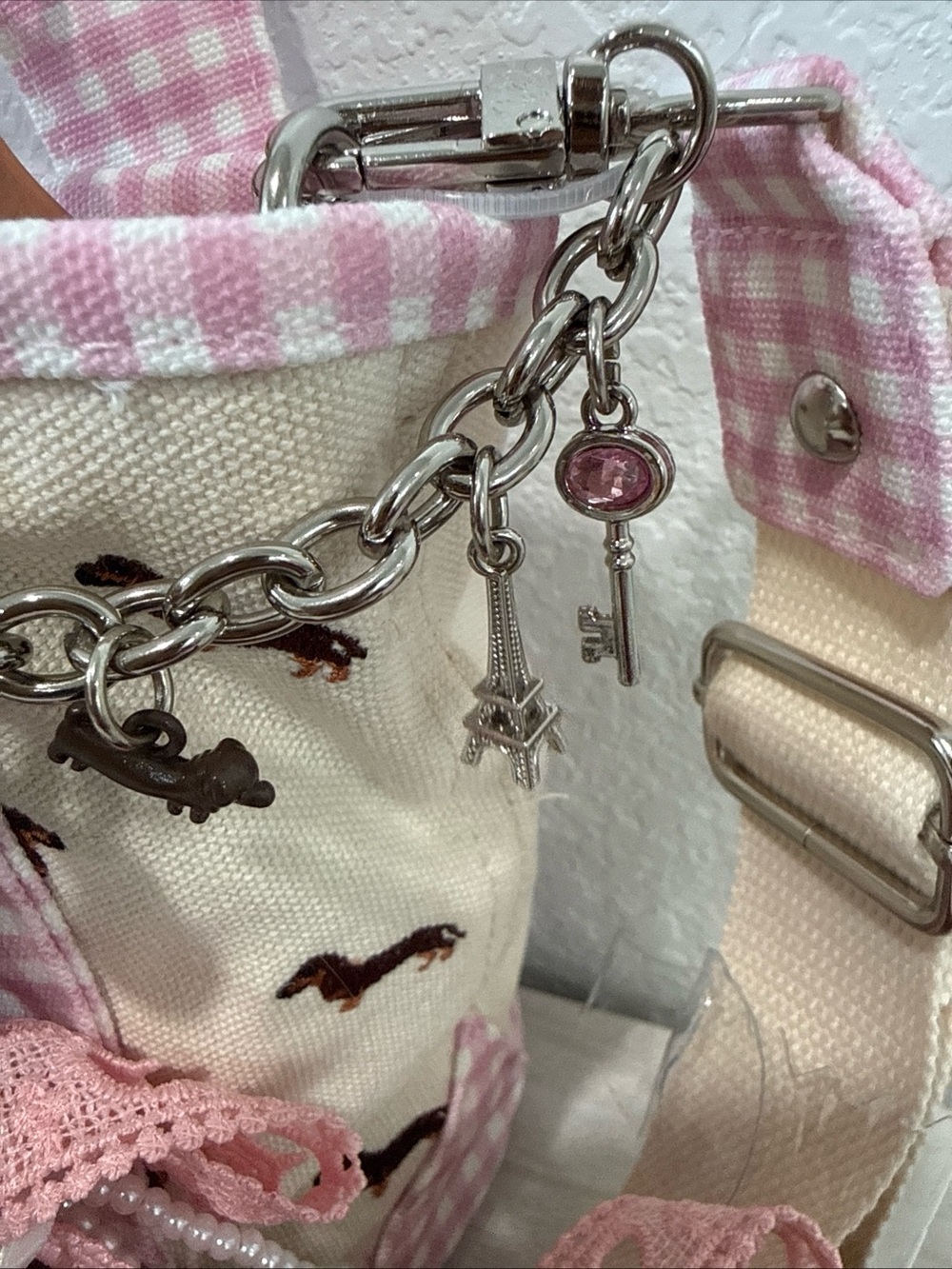 Madden Girl Dachshund Doxie Dog Pink Gingham Vidal Tote Bag CharmS NWT - Picture 3 of 14